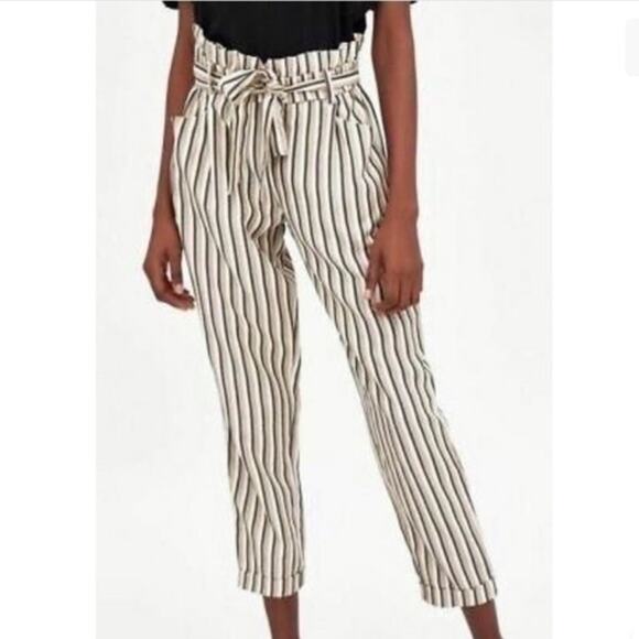 Zara Pants - Zara TRF Collection Beige and Cream Tie Waist Striped Paperbag Pants Size Small